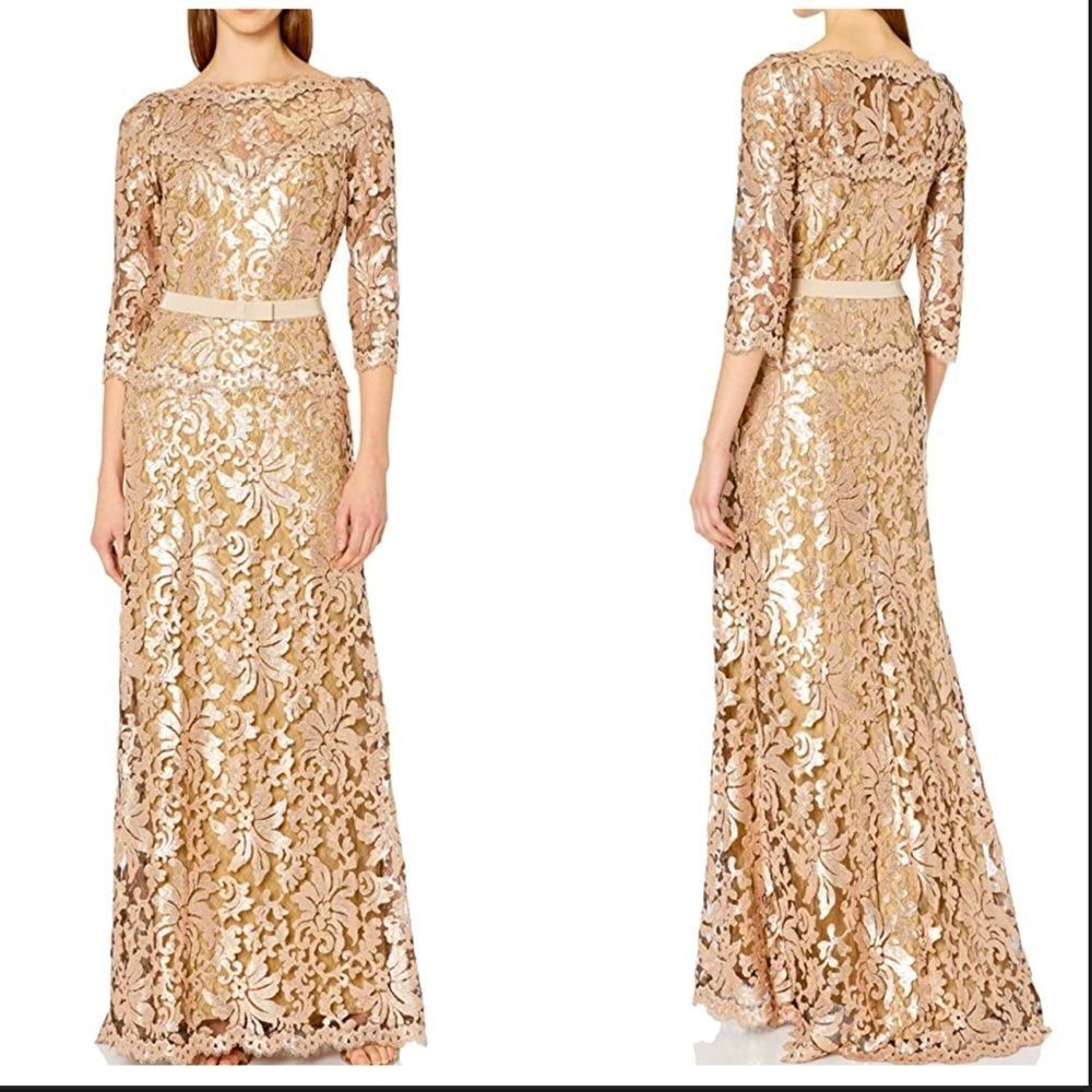 TADASHI SHOJI Sequin Embroidered Gold Gown Size 2